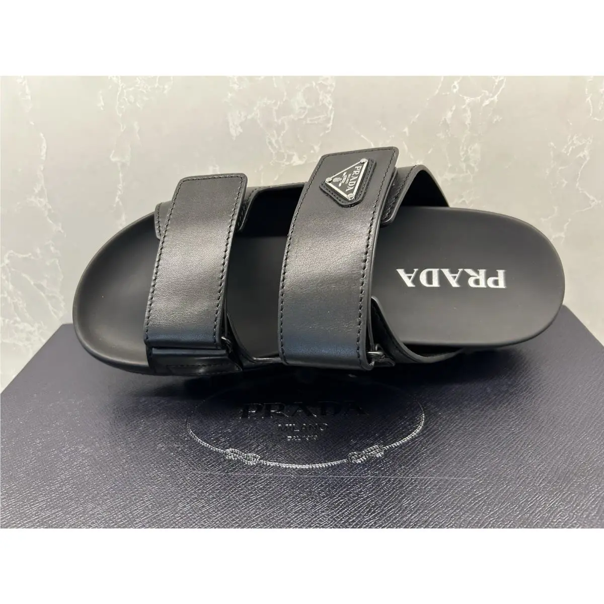 Prada Men’s Black Leather Fussbett Sandal Shoes US 10.5