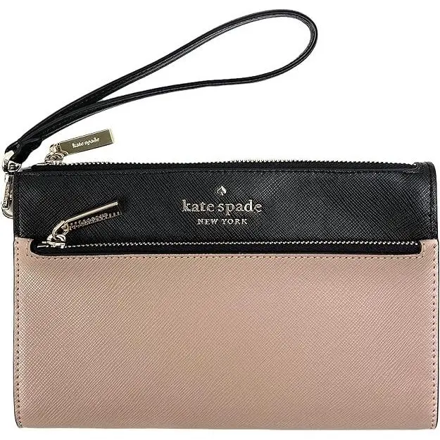 Kate Spade Staci Saffiano Leather Medium Double Zip Wristlet Beige Black K6122 - Handle/Strap: Black, Hardware: Silver, Gold, Exterior: Beige
