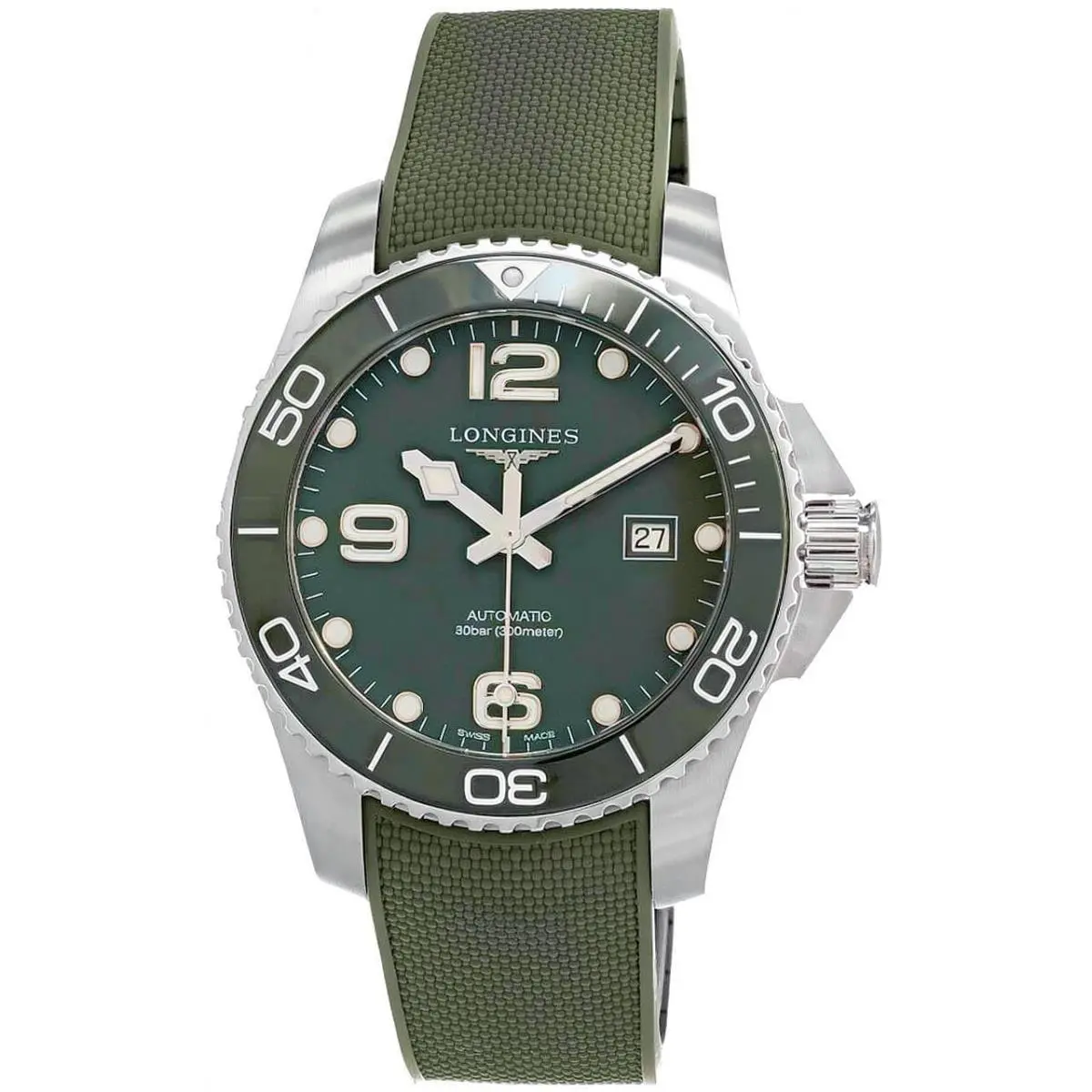 Mens Hydroconquest 41 Automatic Green Rubber Strap Watch L3.781.4.06.9 by Longines