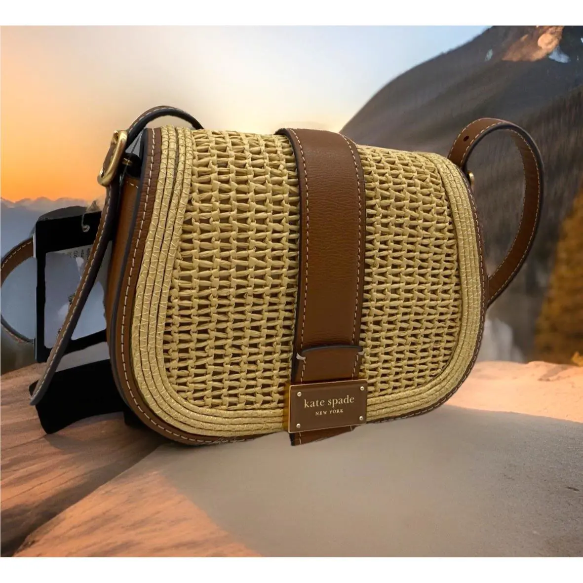 Kate Spade New York Mini Nouveau Straw Saddle Crossbody Bag In Cavern Clay