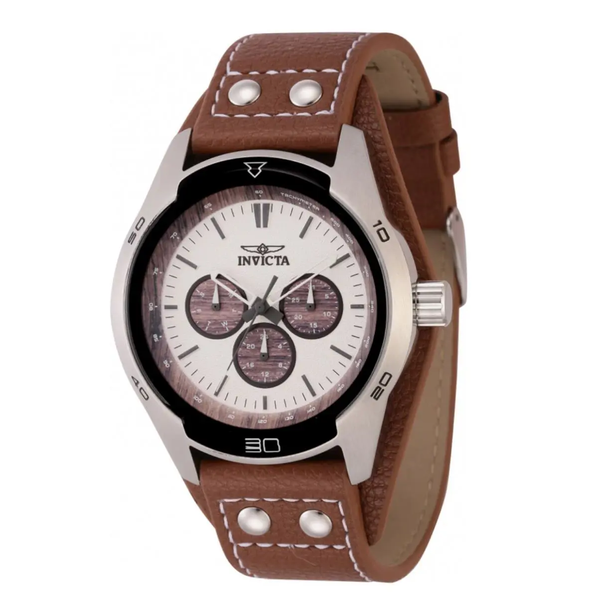 Invicta Specialty Men`s Coachman Multi-function 44mm Wood Print Watch 44837 - Dial: Black, Brown, White, Band: Brown, Bezel: Black, Silver