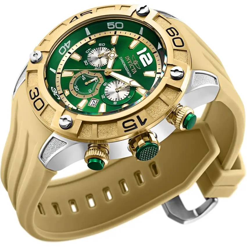 Invicta Mens I-force 52mm Chrono Dial Gold Case SS Khaki Silicone Strap Watch