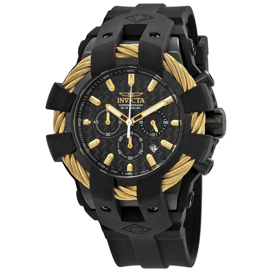 Invicta Bolt 23866 Chronograph Men`s Watch 48 mm Black Gold 200 M Cable Bezel - Dial: Black, Band: Black, Bezel: Gold