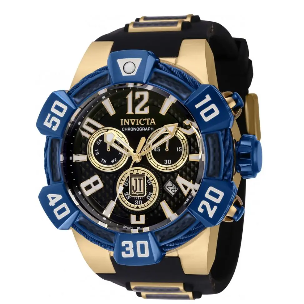 Invicta JT Men`s 52mm Carbon Fiber Jason Taylor Swiss Chronograph Watch 40444 - Dial: Black, Gold, White, Yellow, Band: Black, Bezel: Blue, White