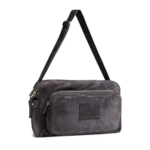 Lacoste Mens Leather Reporter Shoulder Messenger Bag in Dark Shadow