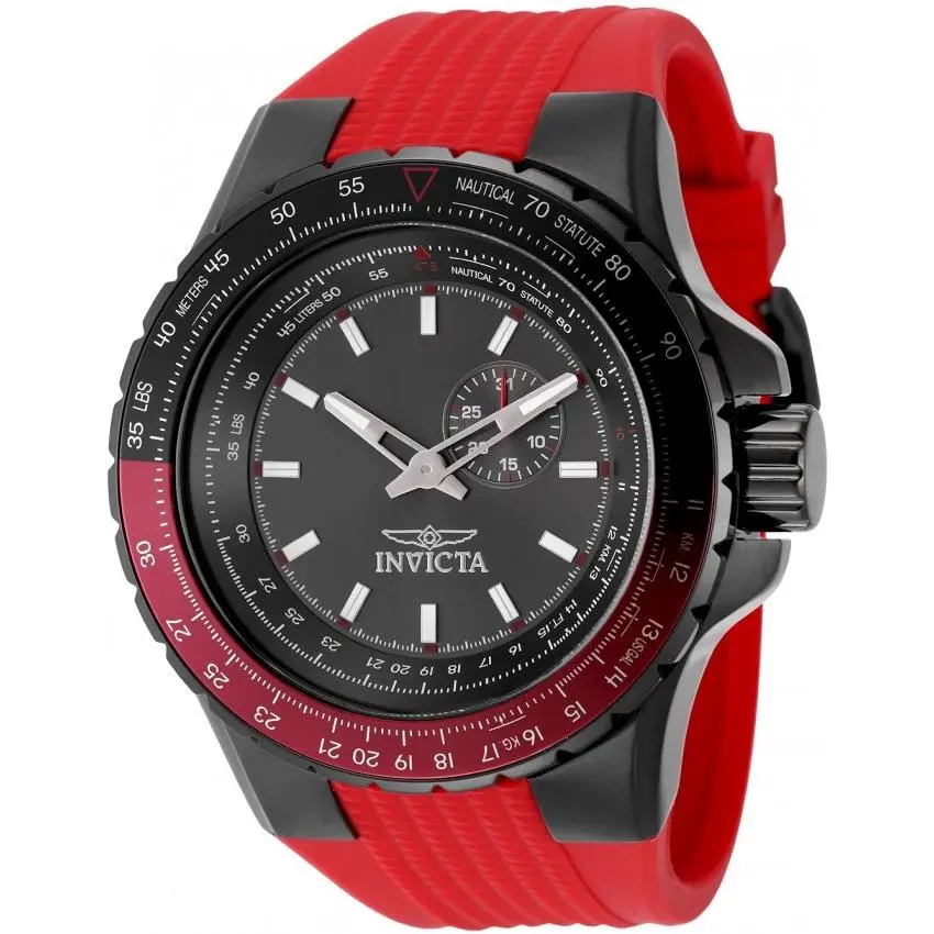 Invicta Aviator Quartz Gunmetal Dial Men`s Watch 49724 - Dial: Gunmetal, Band: Red, Bezel: Black