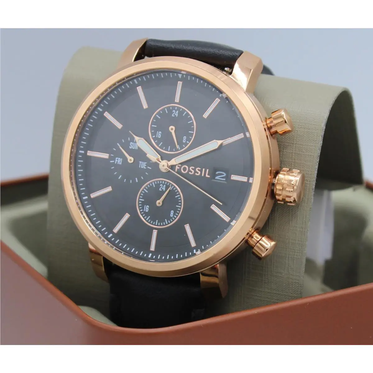 Fossil Rhett Chronograph Rose Gold Black Leather Mens BQ2893 Watch