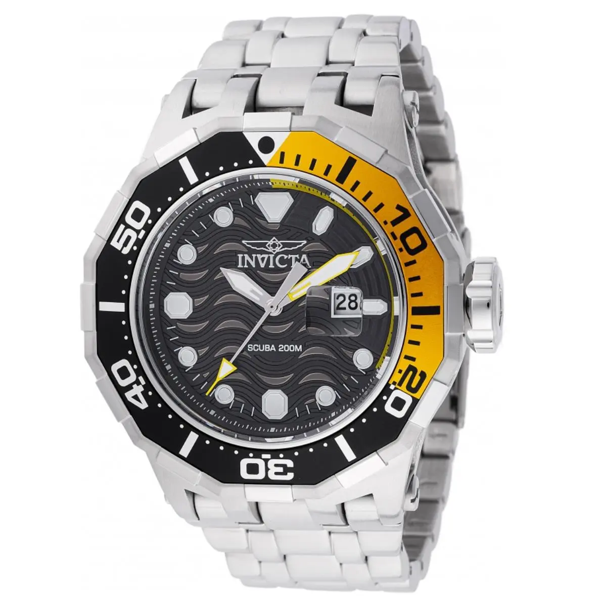 Invicta Pro Diver Scuba Wave 200M Men`s 52mm Black / Yellow Quartz Watch 47841 - Dial: Black, Gray, White, Yellow, Band: Silver, Bezel: Black, Silver, Yellow