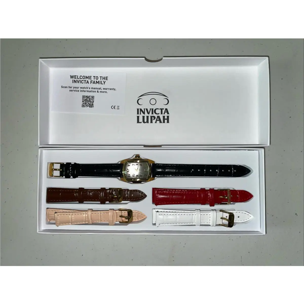 Invicta Lupah Women’s Watch 49816 Gold Case Black Leather/4 Extra Bands 29mm - Dial: Gold, Silver, Band: Black, Gold, Bezel: Gold