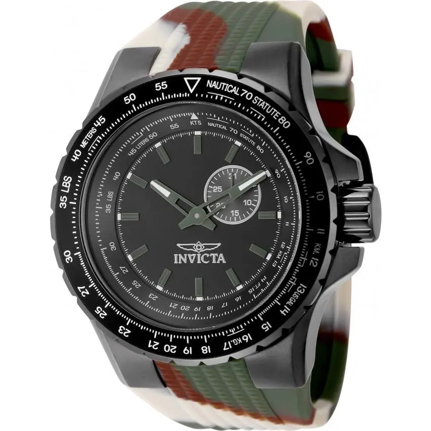Invicta Aviator Quartz Black Dial Men`s Watch 49730 - Dial: Black, Band: Camouflage, Bezel: Gunmetal