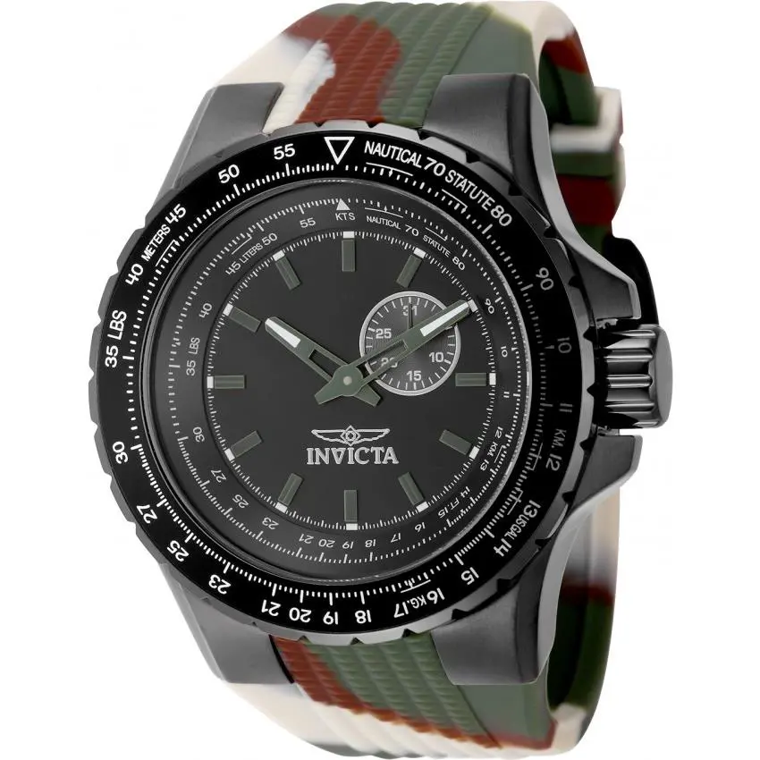 Invicta Aviator Quartz Black Dial Men`s Watch 49730 - Dial: Black, Band: Camouflage, Bezel: Gunmetal