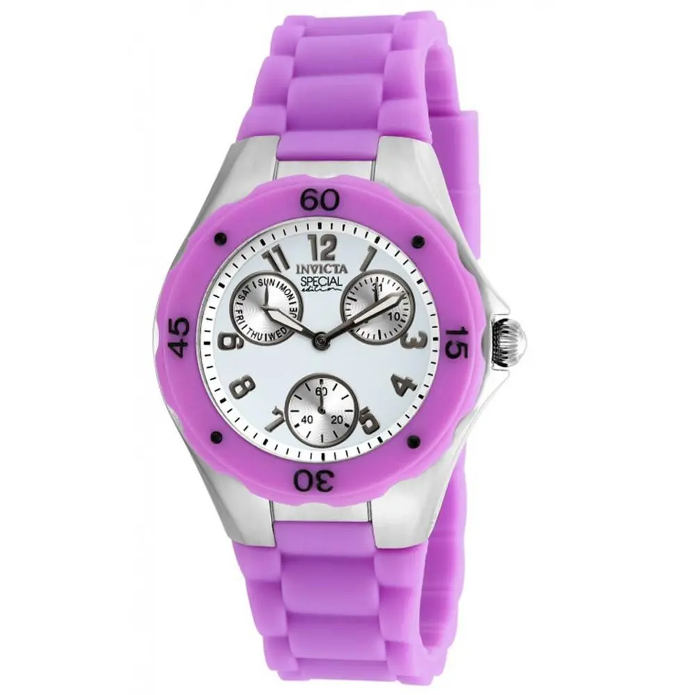 Invicta 18790 Lady`s Quartz White Dial Purple Strap Day Date Watch