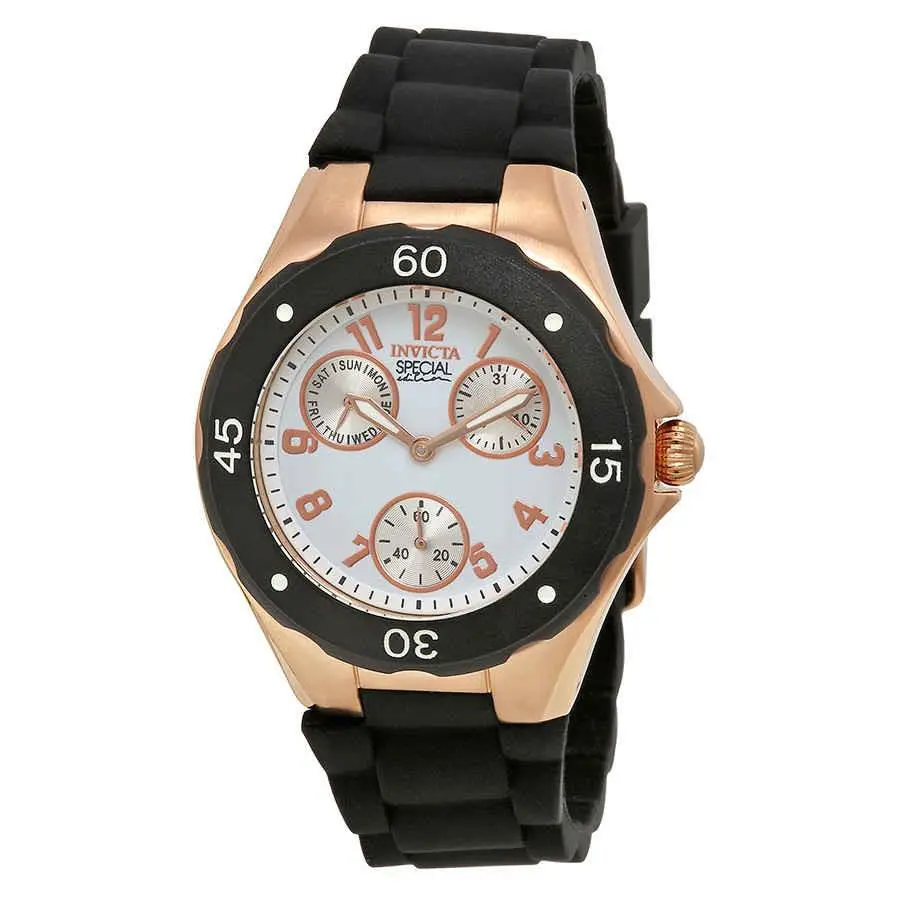 Invicta Angel Multi-function White Dial Black Silicone Ladies Watch 18799 - Dial: White, Band: Black, Bezel: Rose Gold-plated