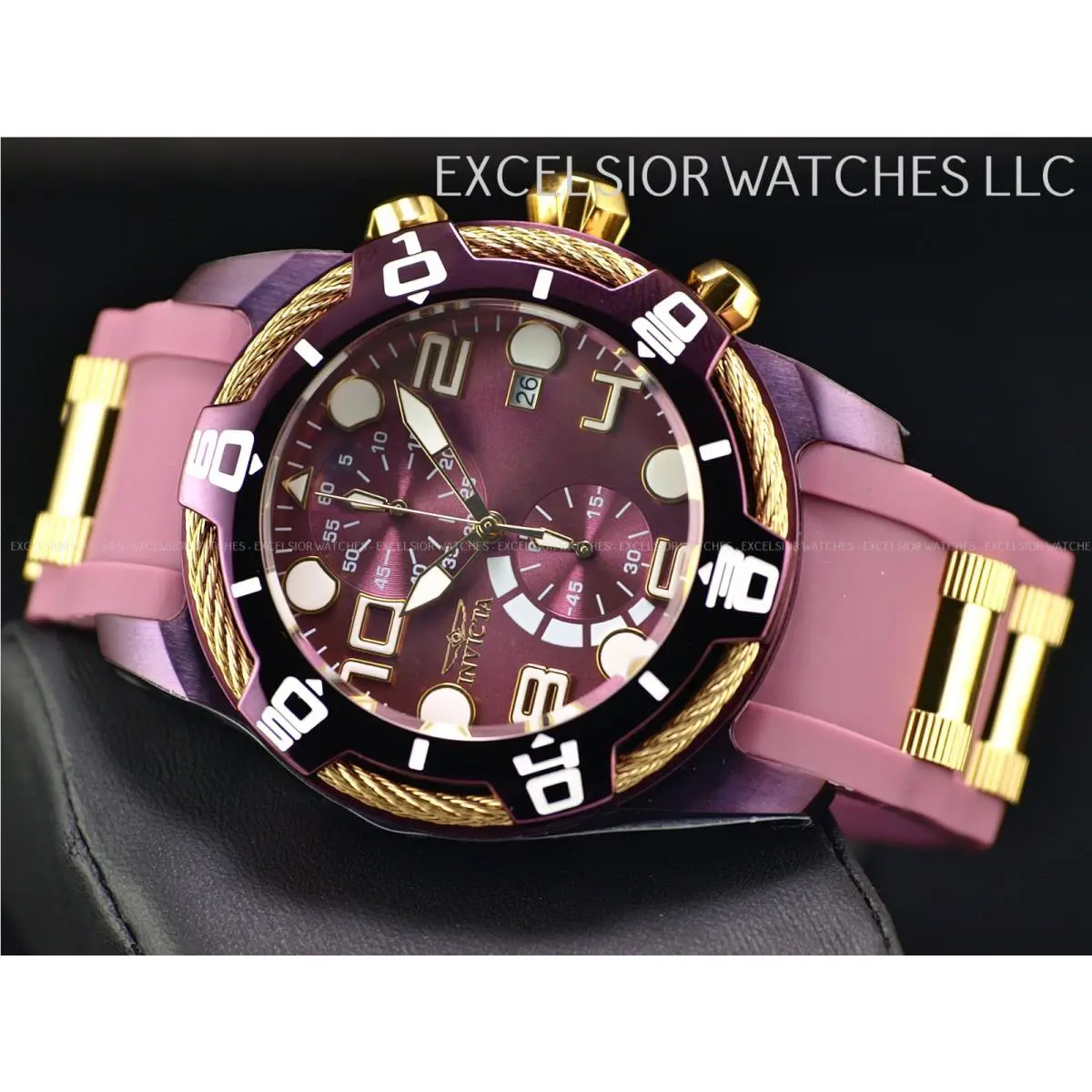 Invicta Bolt Cable Lume Markers Men`s 50mm Purple Gold Chrono Watch 40725