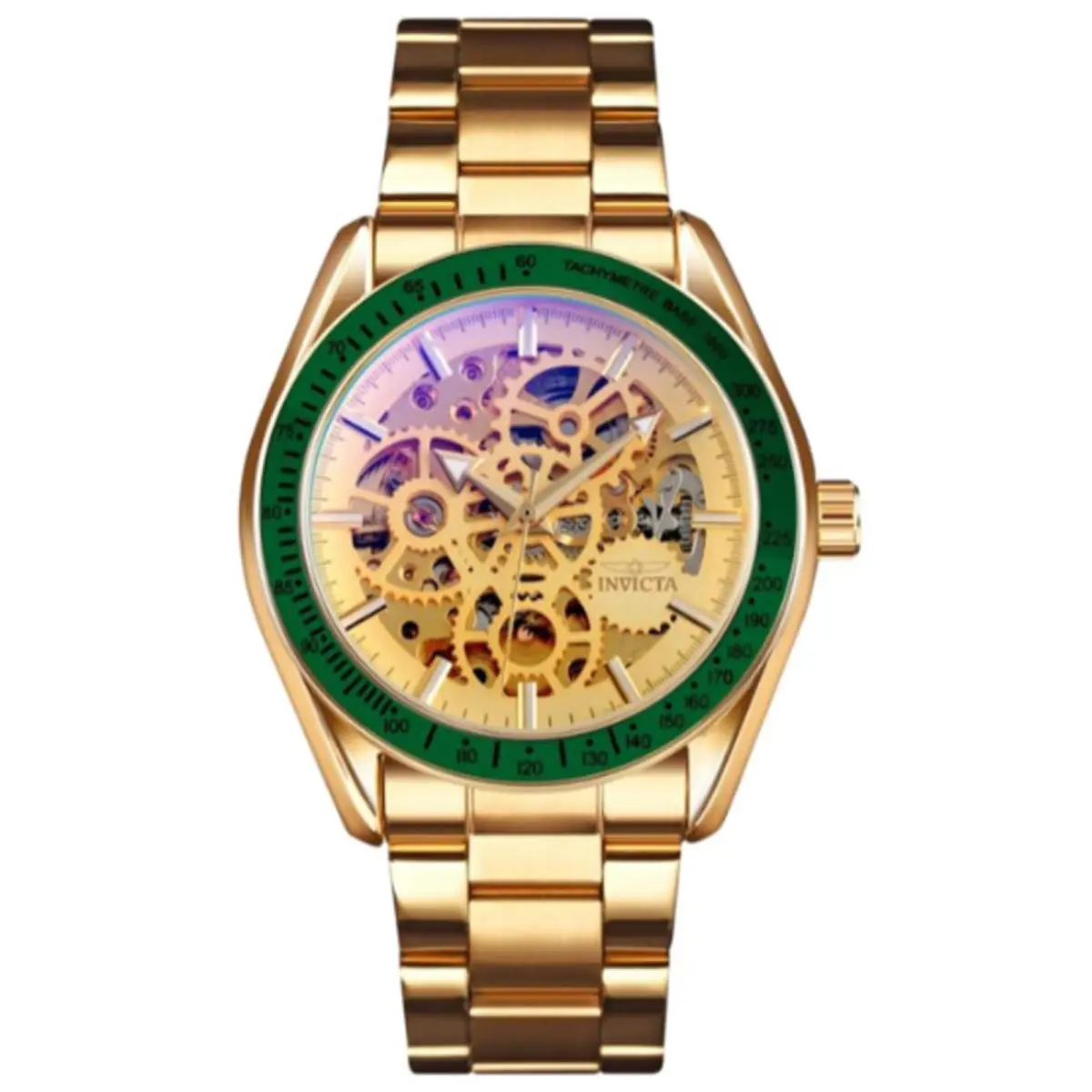 Invicta Gold Tone Mechanical Skeleton Watch with Green Bezel