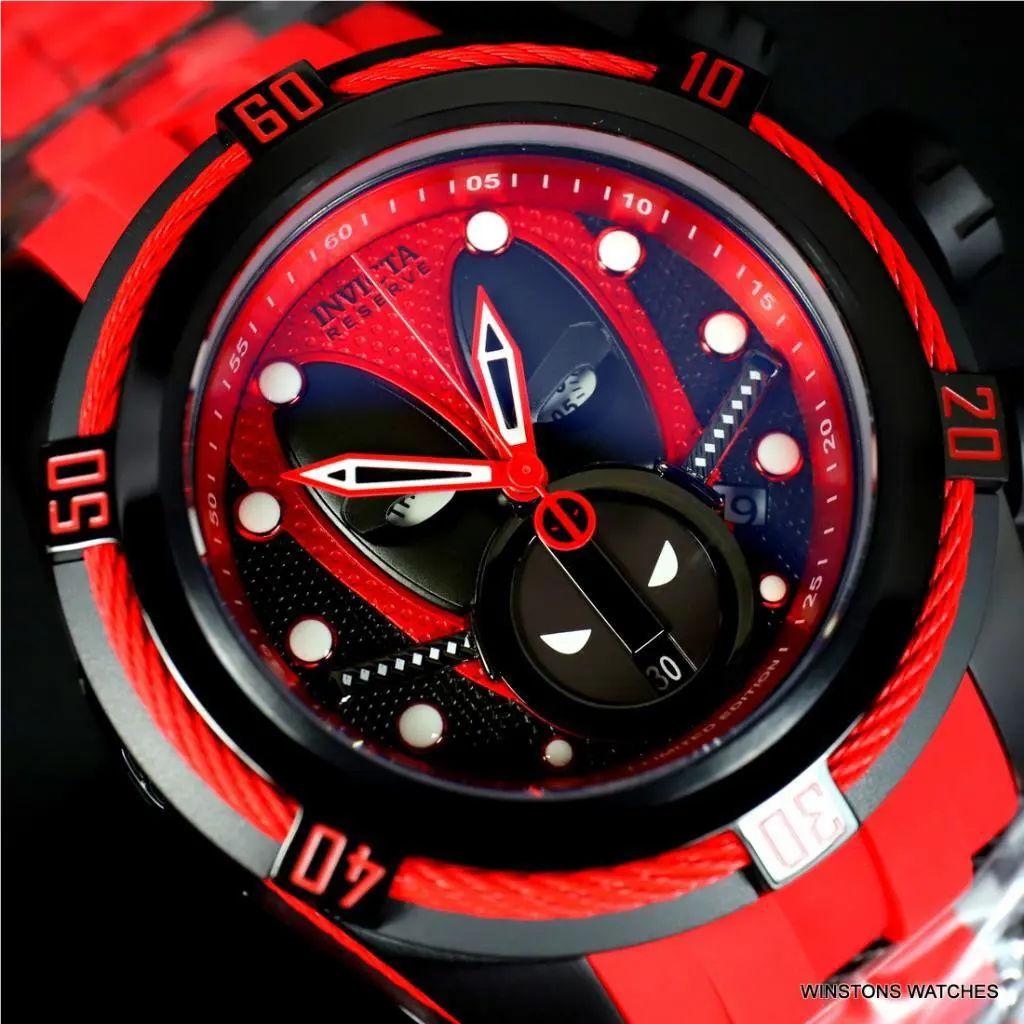 Invicta Reserve Bolt Zeus Marvel Deadpool 52mm Red Rubber Swiss Mvt Watch