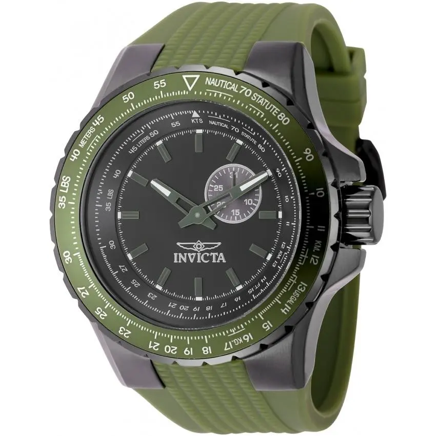 Invicta Aviator Quartz Black Dial Men`s Watch 49729 - Dial: Black, Band: Green, Bezel: Gunmetal