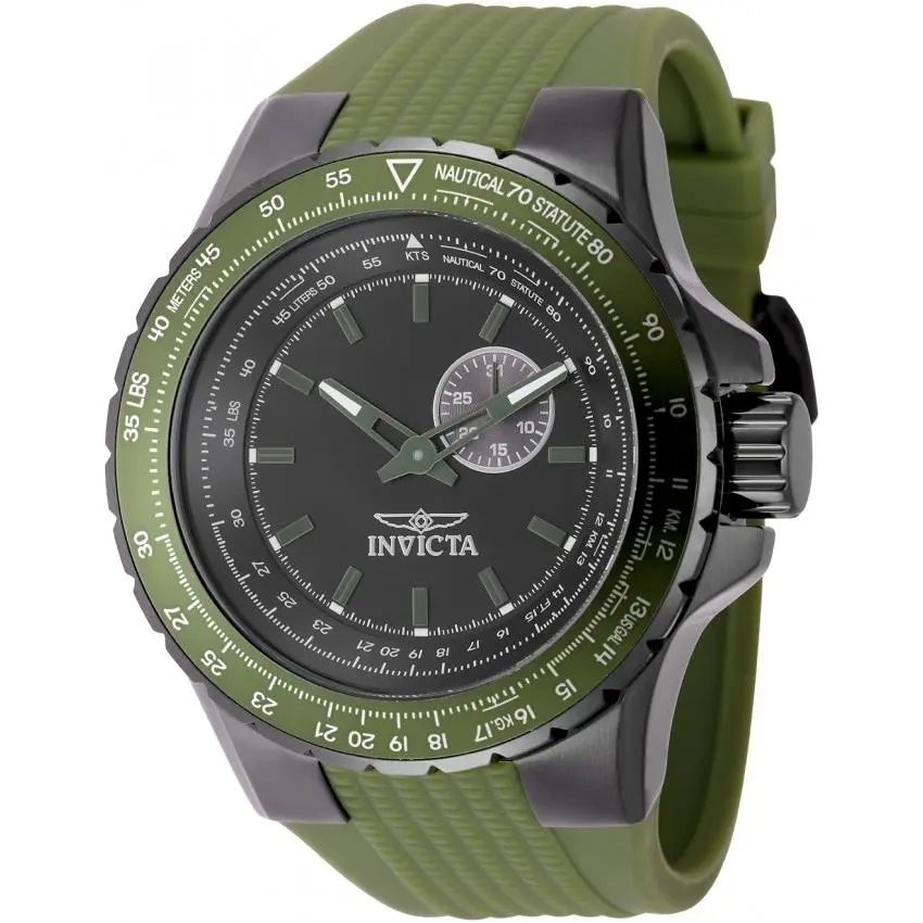 Invicta Aviator Quartz Black Dial Men`s Watch 49729 - Dial: Black, Band: Green, Bezel: Gunmetal