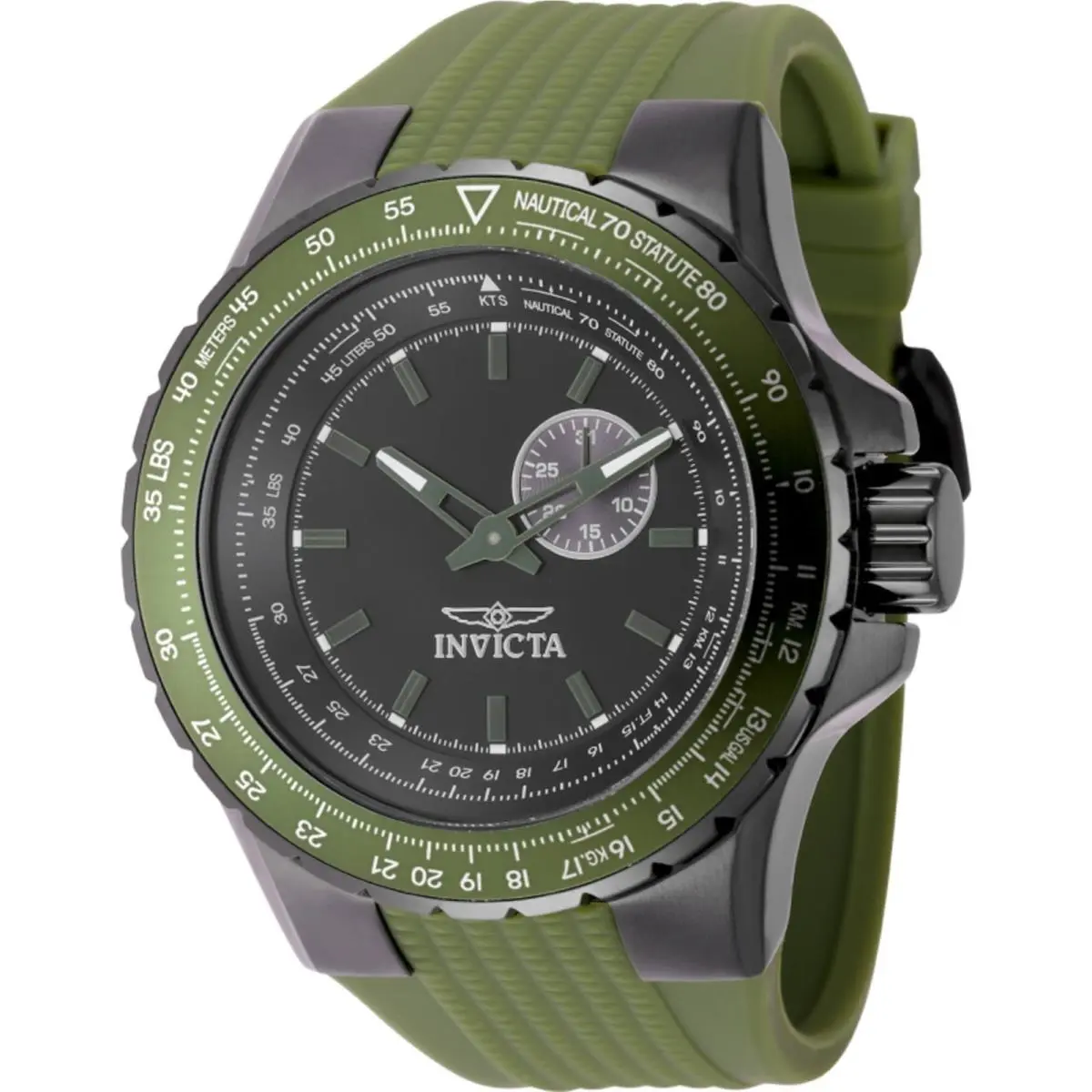 Invicta Men`s Watch Aviator Quartz Black Dial Green Silicone Rubber Strap 49729