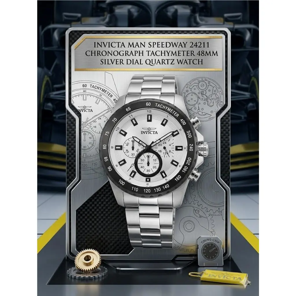 Invicta Man Speedway 24211 Chronograph Tachymeter 48mm Silver Dial Quartz Watch
