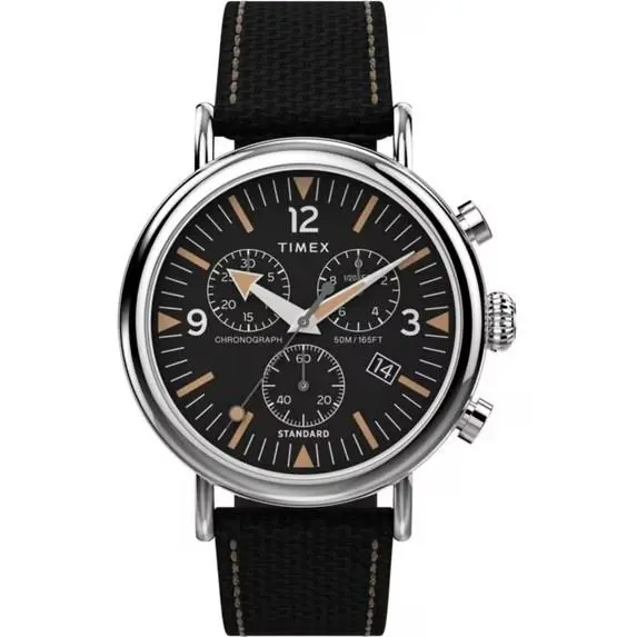 Timex TW2V43700 Standard Chronograph Date Black Strap Men`s Watch - Dial: Black, Band: Black, Bezel: Silver