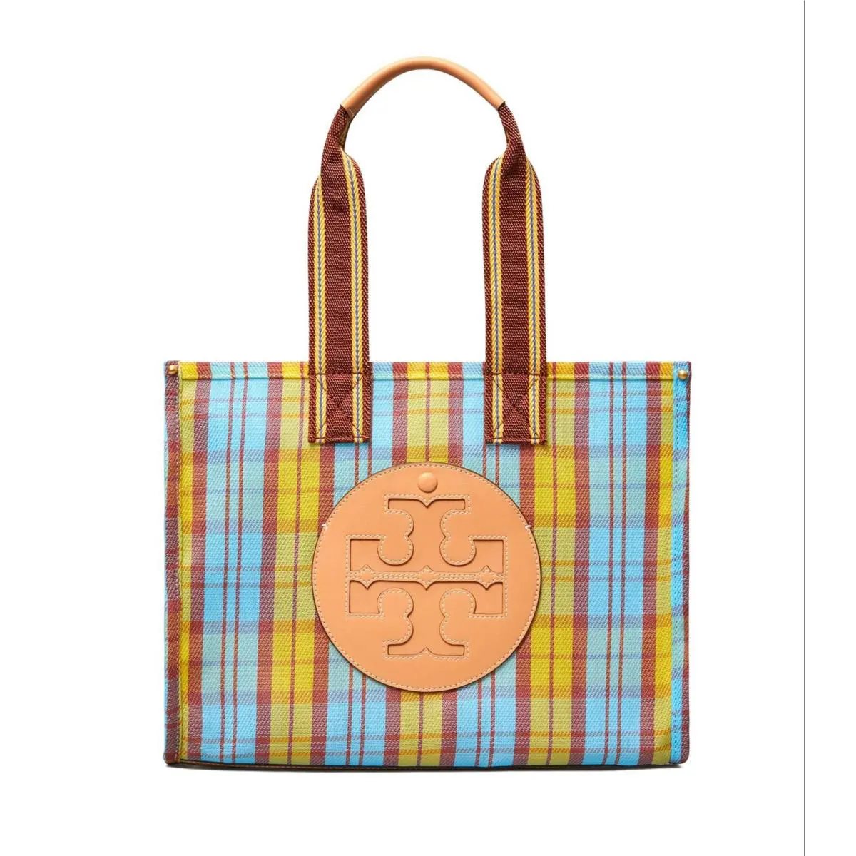 Tory Burch Yellow / Blue Mercado Plaid Ella Mesh Tote Bag - Exterior: Yellow / Blue Mercado Plaid