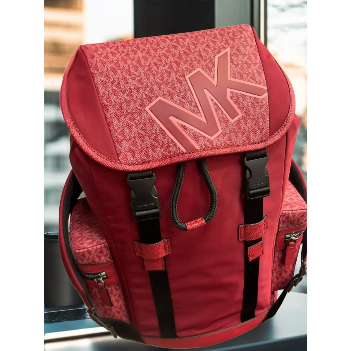 Cooper Men Signature Logo Nylon Large Pocket Travel Backpack Bag CHERRY by Michael Kors