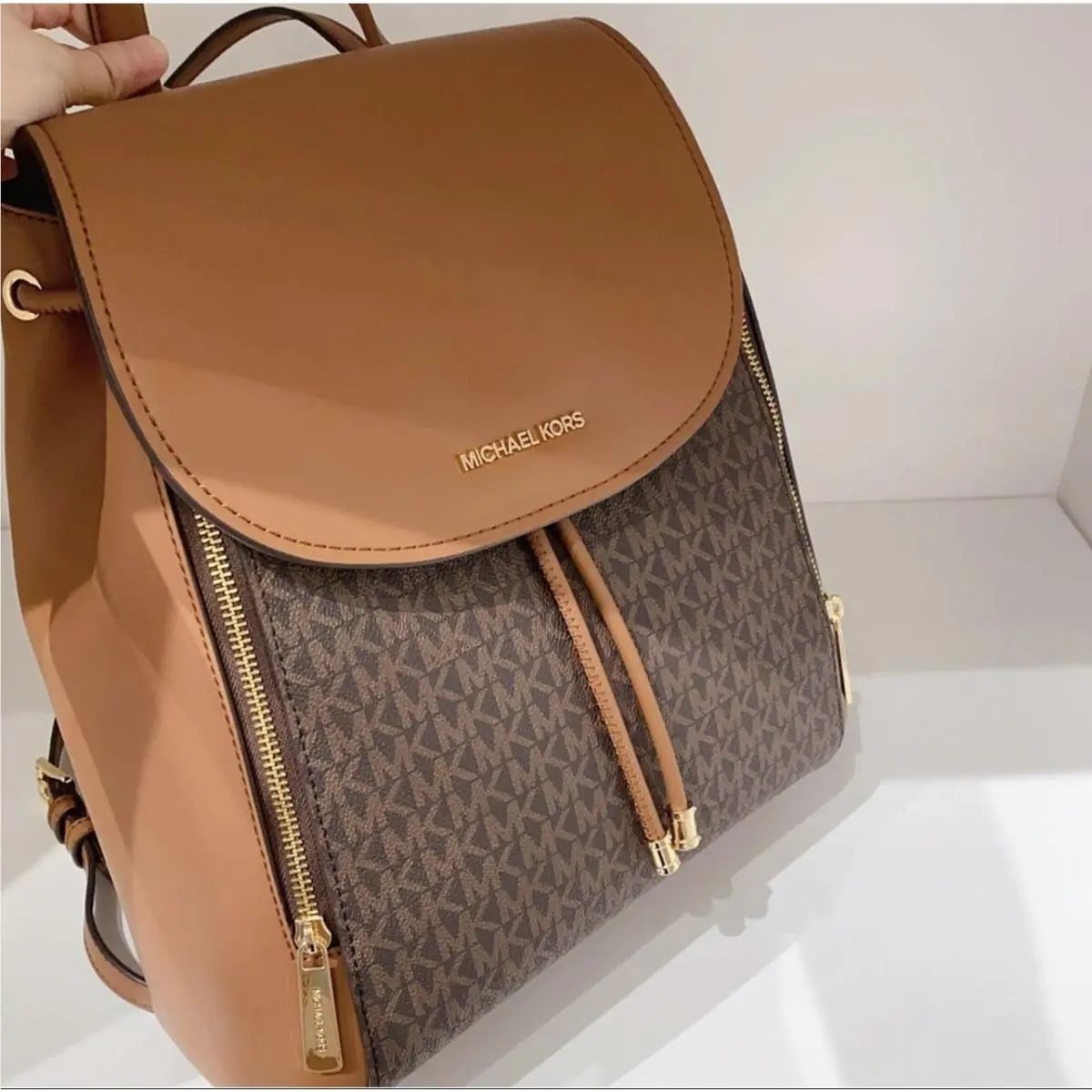 Backpack Phoebe Medium Flap Drawstring MK Signature Brown by Michael Kors