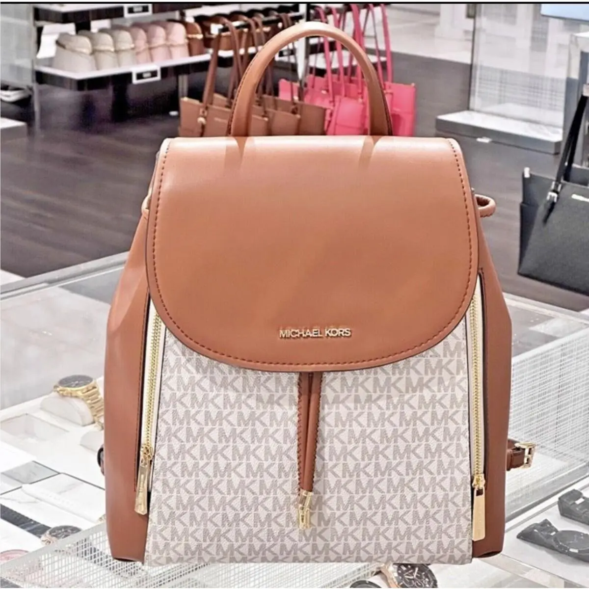 Backpack Phoebe Medium Flap Drawstring MK Signature Vanilla by Michael Kors