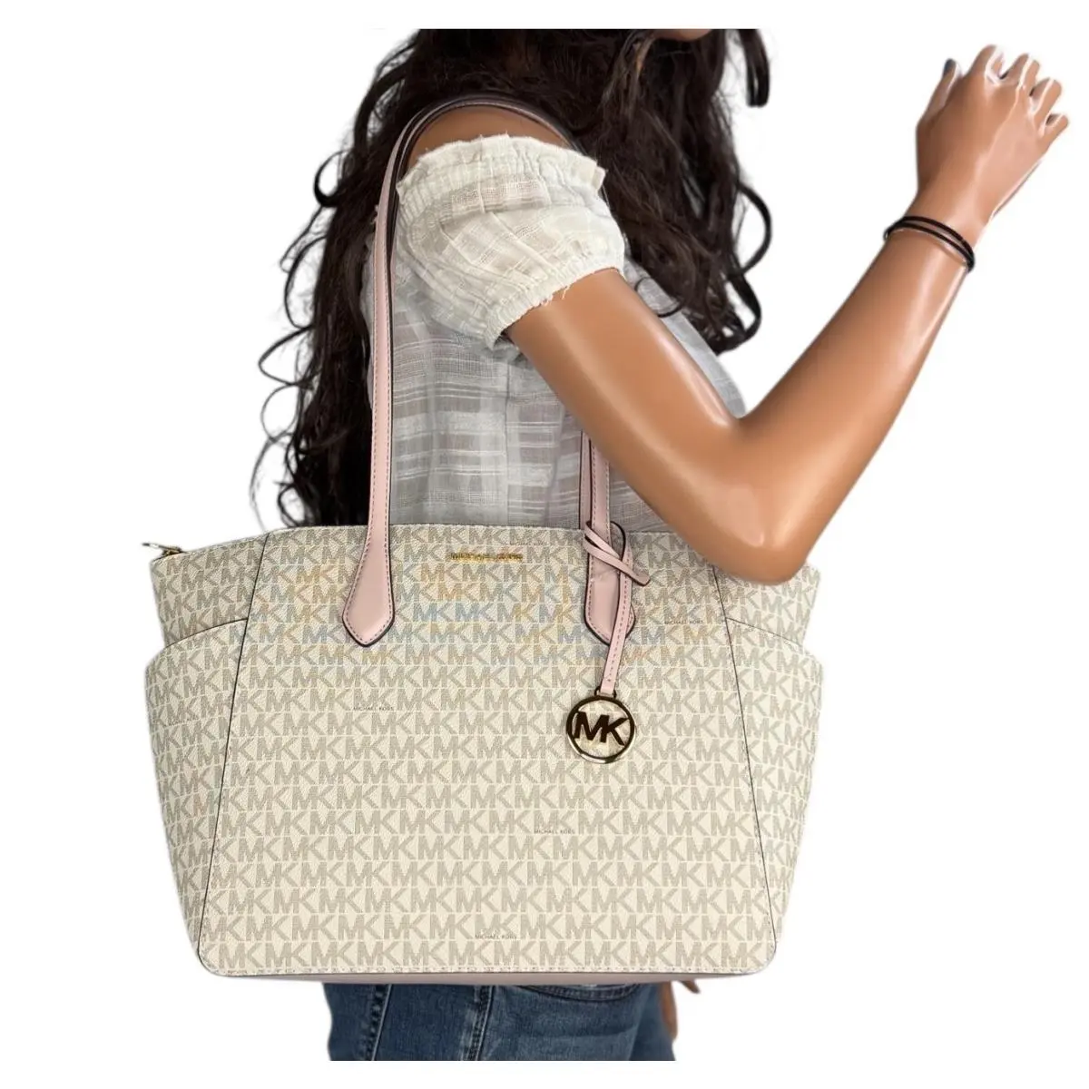 Marilyn Medium Top Zip Shoulder Tote Bag Purse MK Vanilla/Pink by Michael Kors