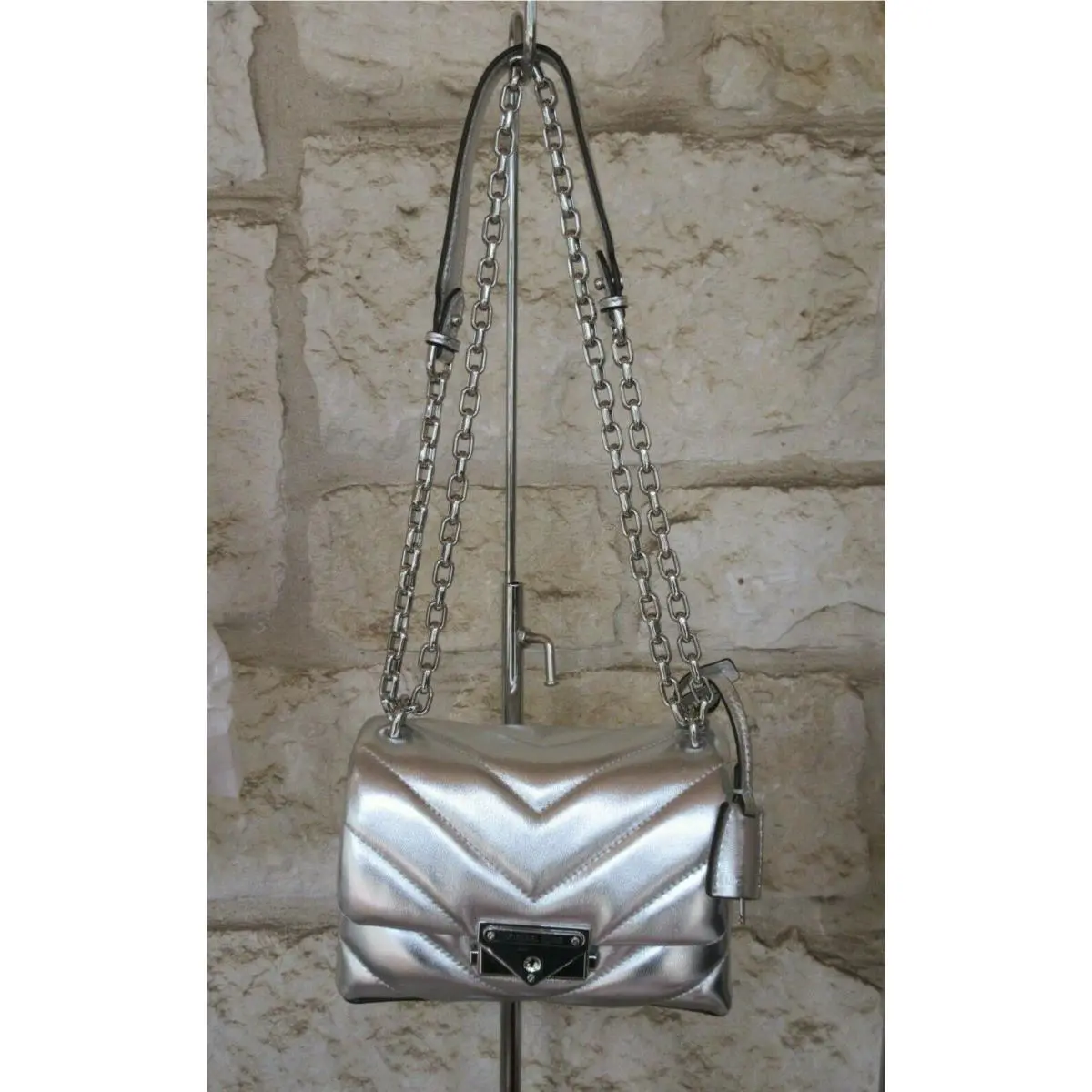 Cece XS Quilted Leather Crossbody Grey Red Black Blue Silver Gold Quilted Leather Flap Metallic Silver lock Key NEW by Michael Kors