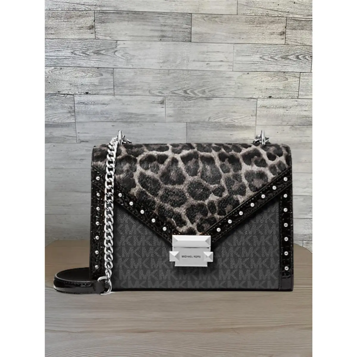 Whitney Women Shoulder Bag Leopard Print Calf Hair Logo Canvas BLACK by Michael Kors