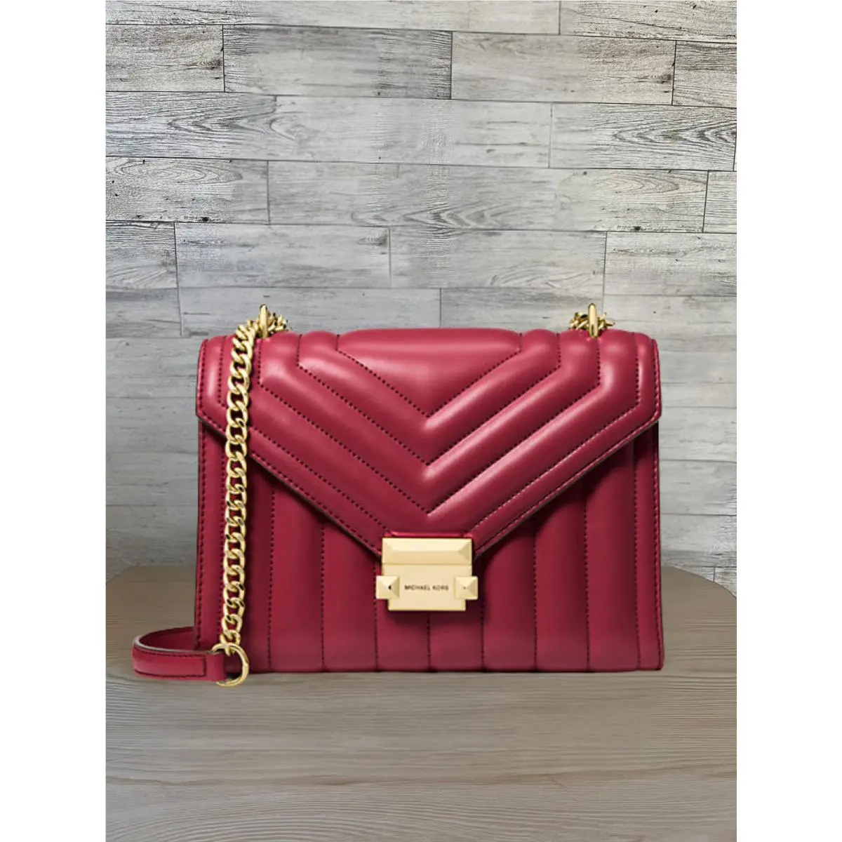 Whitney Women Shoulder Bag Leopard Print Calf Hair Logo Canvas CHERRY by Michael Kors