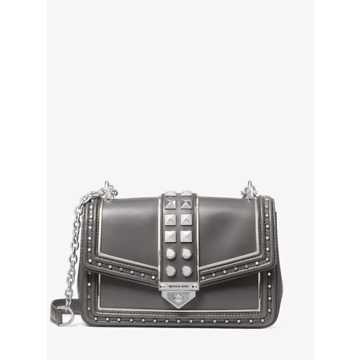 Michael Kors LG Soho Leather Frameout Studded Chain Bag Black White Luggage Grey
