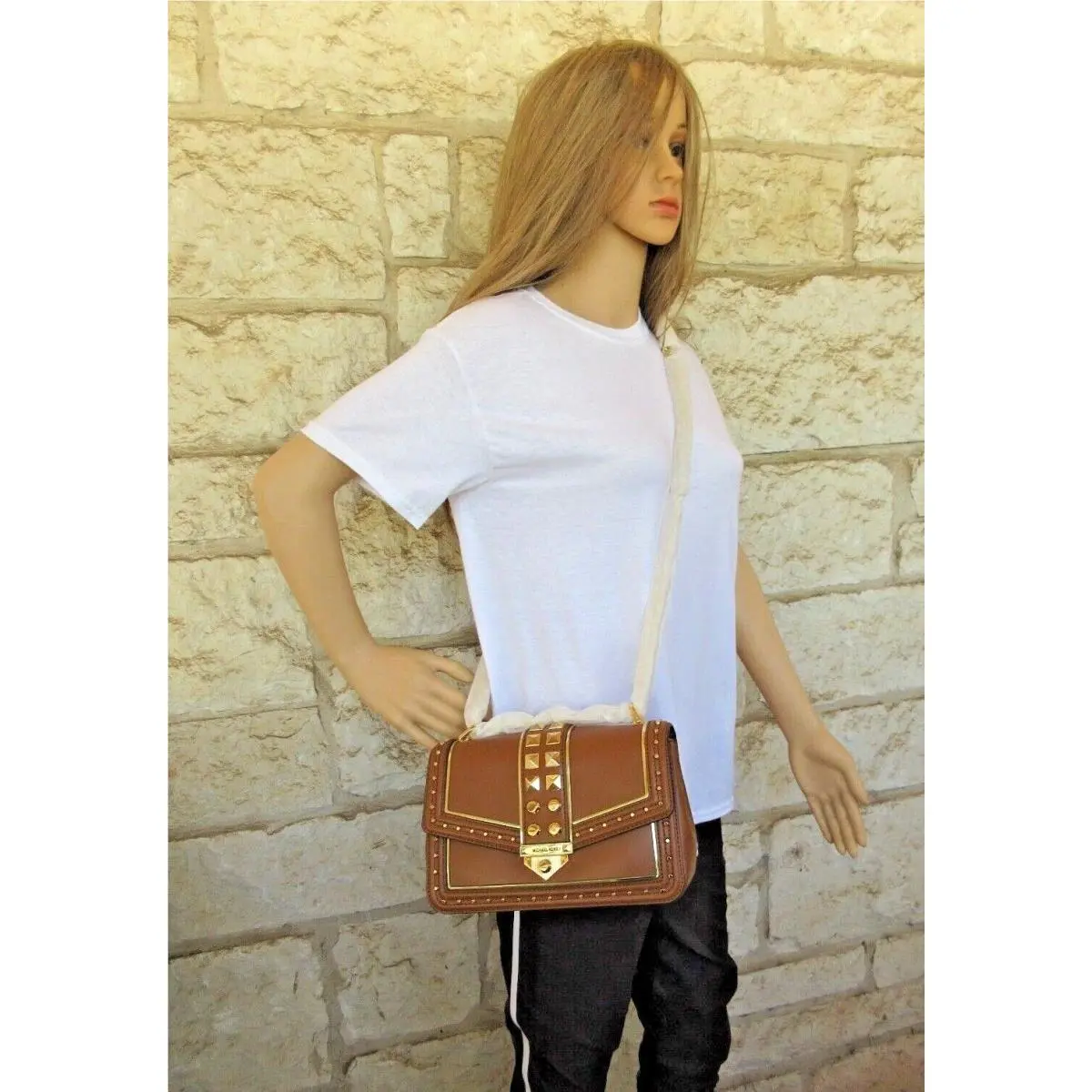 LG Soho Leather Frameout Studded Chain Bag Black White Luggage Grey Luggage/Gold Soho Chain Frameout Rare Large NEW by Michael Kors