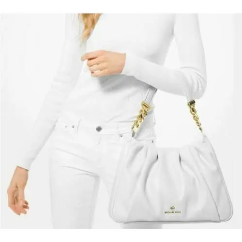 Hannah Medium Shoulder Bag or Small Crossbody White or Luggage Medium Shoulder bag Optic White chain accents by Michael Kors