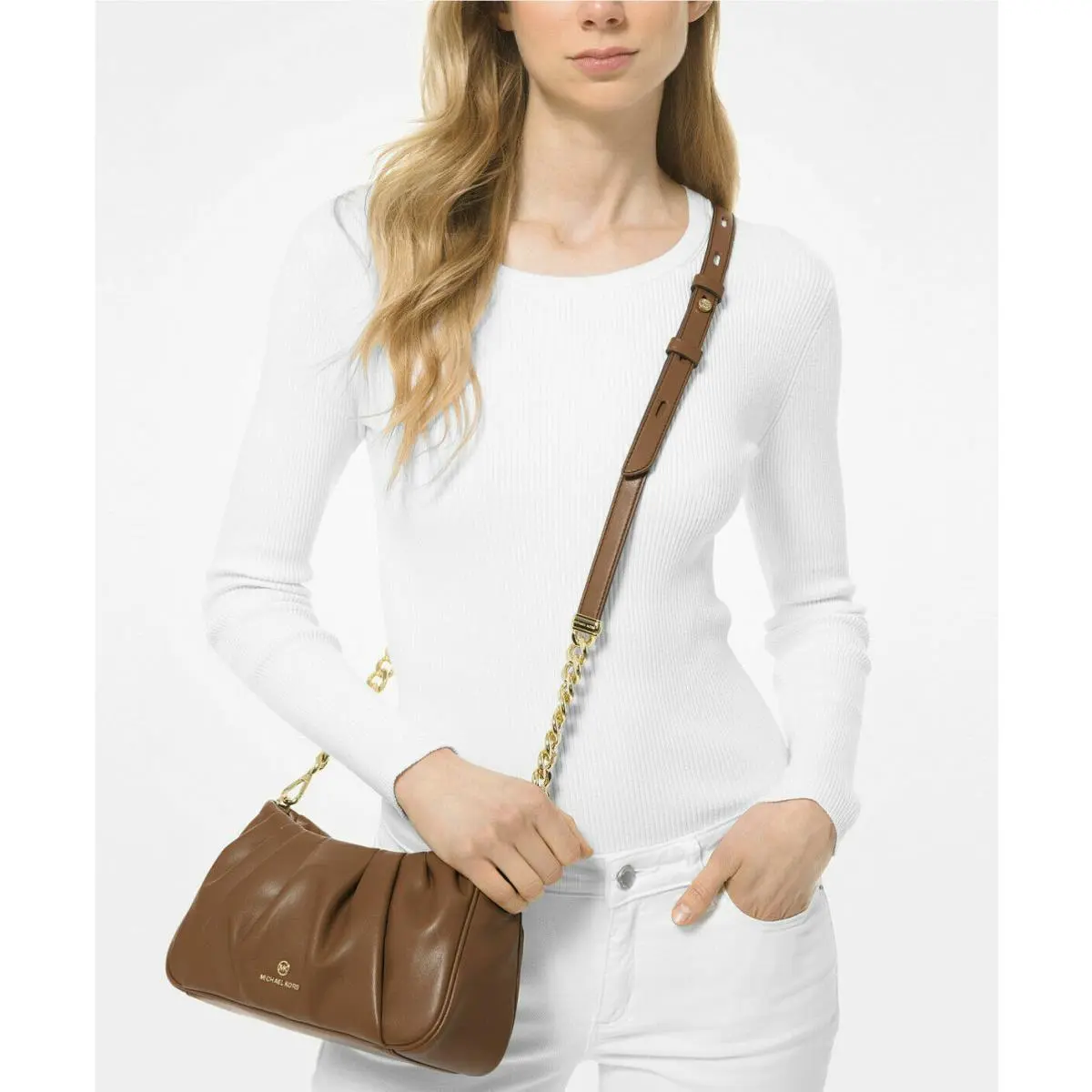 Hannah Medium Shoulder Bag or Small Crossbody White or Luggage Small Crossbody bleated Luggage Brown chain accent by Michael Kors
