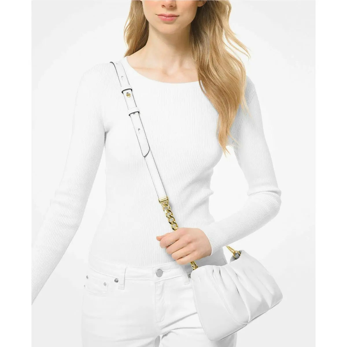 Hannah Medium Shoulder Bag or Small Crossbody White or Luggage Small Crossbody bleated Optic White chain accents by Michael Kors