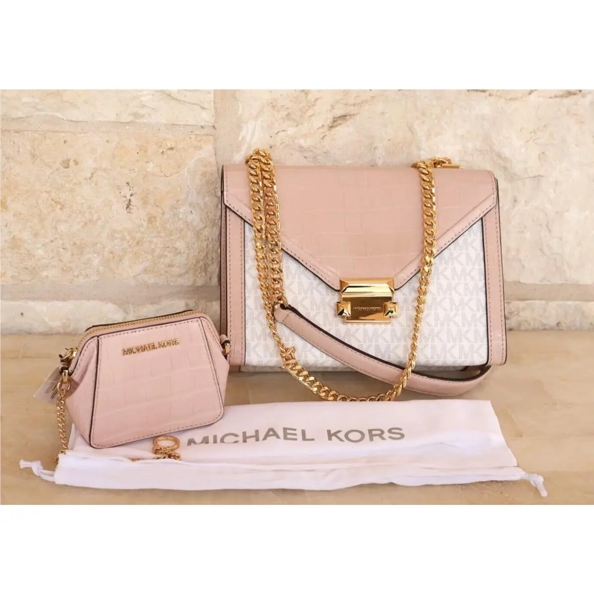 Whitney X-body/shoulder Chain Bright White/pink or White/blue Logo 2-pc Chain purse/FOB + Soft Pink White Logo by Michael Kors