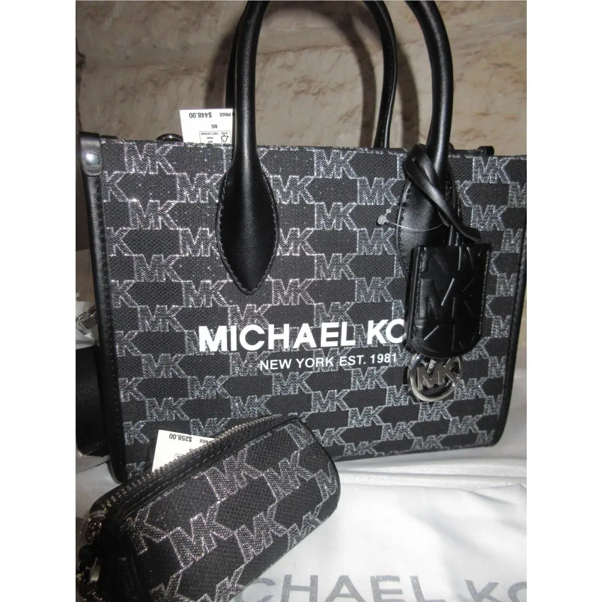 Small Shimmer Zip Satchel+wristlet Set Black or Red Logo Rt Black/silver MK Logo Shimmer Bag+Wristlet/FOB SET by Michael Kors