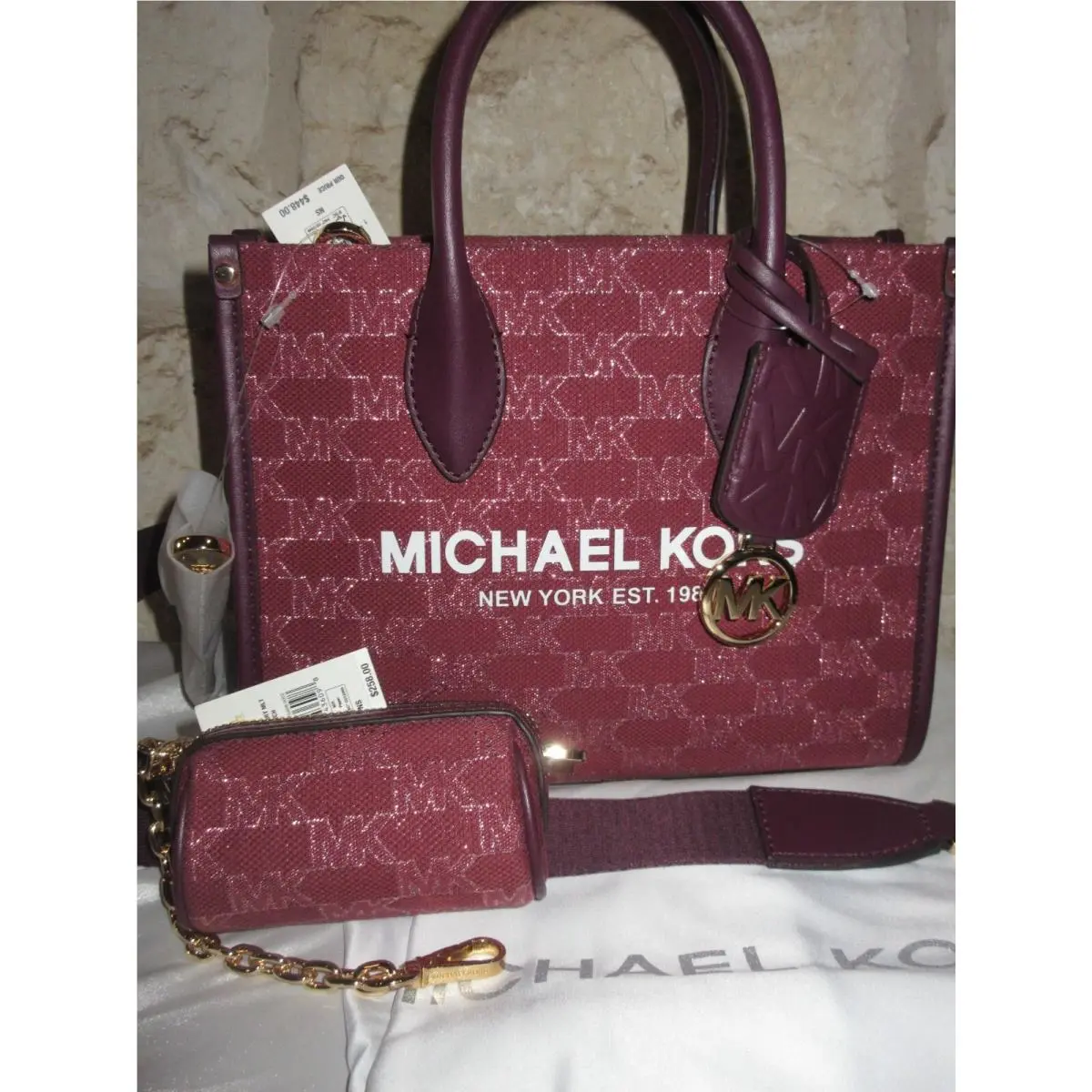 Small Shimmer Zip Satchel+wristlet Set Black or Red Logo Rt Merlot/Mulberry/gold Logo Shimmer Bag+Wristlet SET by Michael Kors