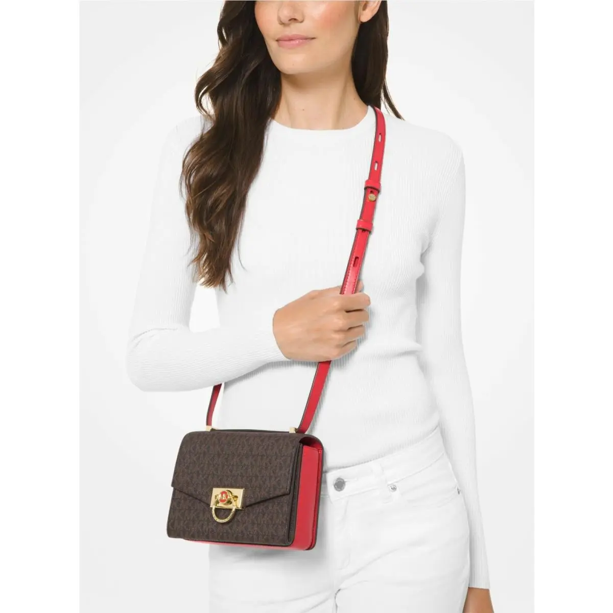 Hendrix Logo Extra Small Crossbody Bag Brown Ballet Vanilla Red Brown Logo Bright RED Convertible Crossbody bag by Michael Kors