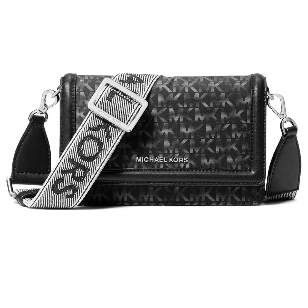 Woman`s Handbags Michael Michael Kors Jet Set Small Phone Webbing Strap Xbody - Black, Exterior: Multicolor