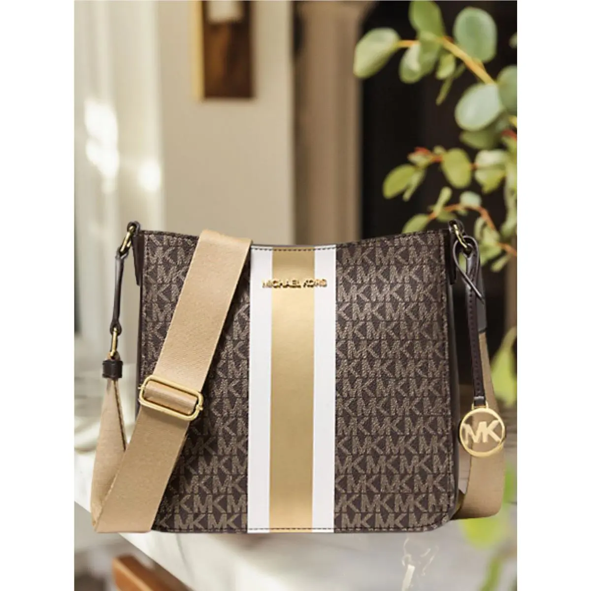 Jet Set Small North South Stripe Logo Crossbody Bag Purse Handbag BROWN by Michael Kors