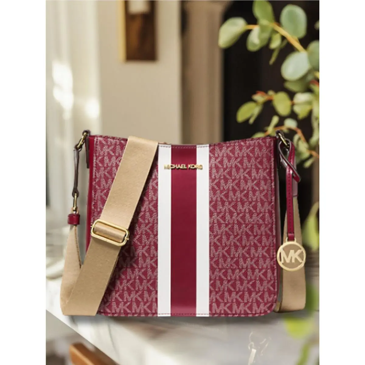 Jet Set Small North South Stripe Logo Crossbody Bag Purse Handbag CHERRY by Michael Kors