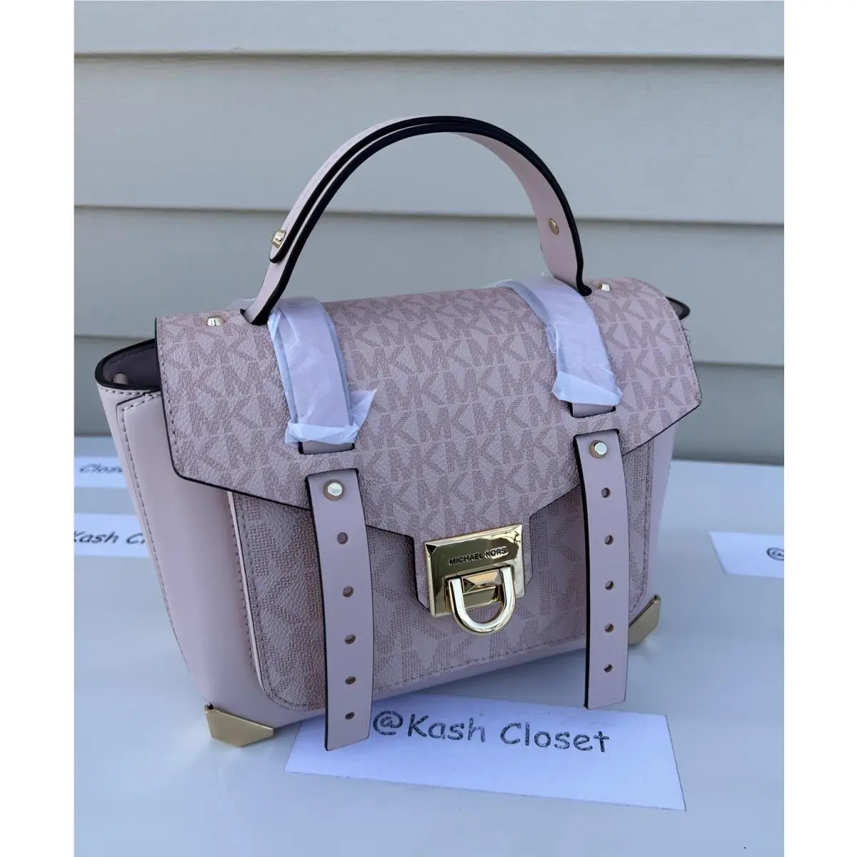 Manhattan Satchel Bag Medium Leather Purse DK Powderblush with logo Gold hardware by Michael Kors