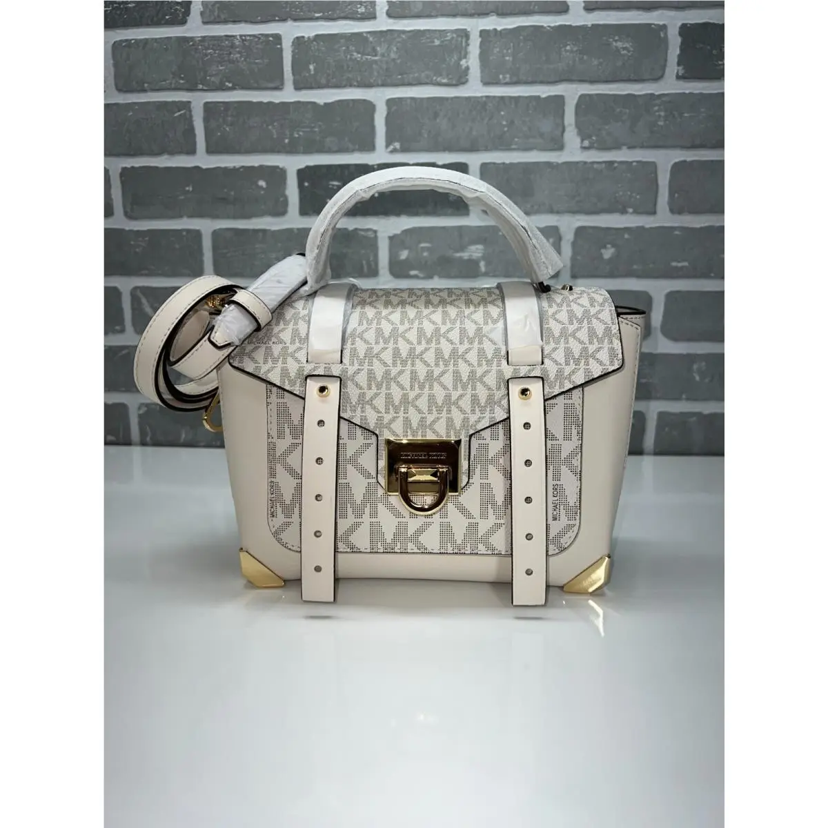 Manhattan Satchel Bag Medium Leather Purse Light Cream Multi with Gold hardware by Michael Kors