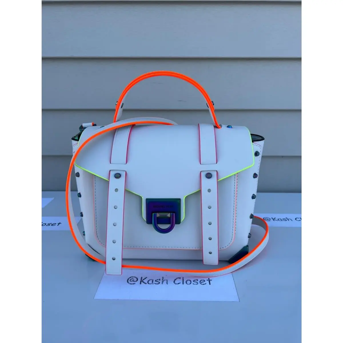 Manhattan Satchel Bag Medium Leather Purse Optic white with contrast trim neon hardware by Michael Kors