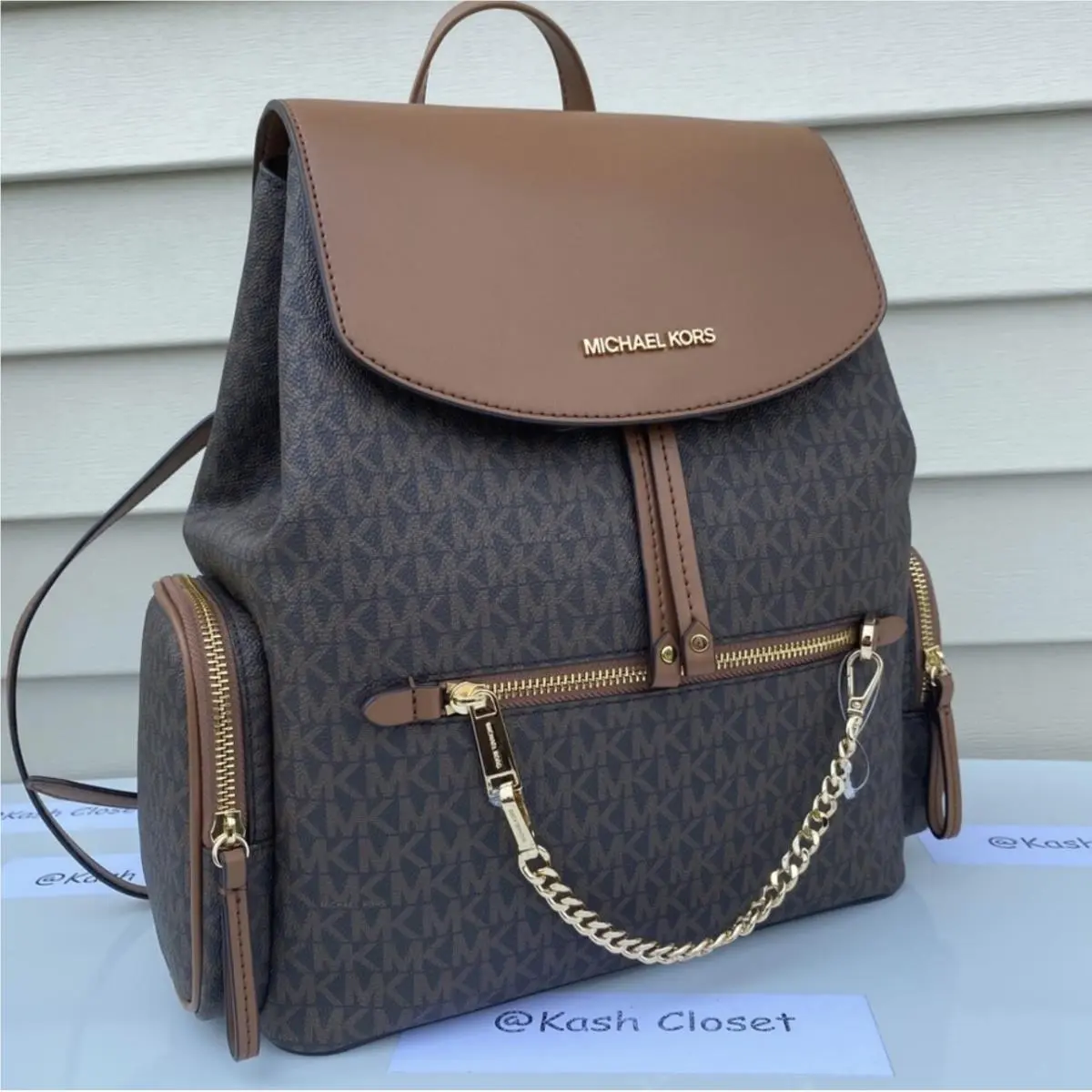 Backpack Jet Set MK Logo Large Chain Backpack Brown by Michael Kors