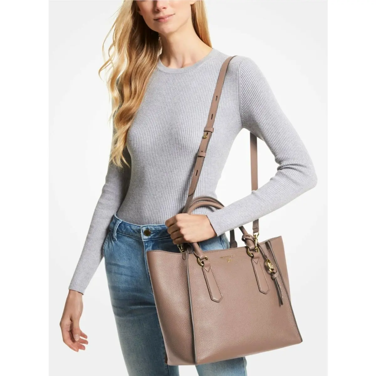 Kris Large Pebbled Leather Satchel Black Luggage or Fawn Fawn Neutral Satchel Shoulder/Crossbody/Handbag by Michael Kors